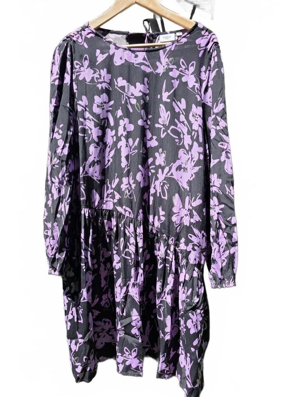 Saint Tropez Black & Purple Floral Long Sleeve Midi Dress Boho Cottage Core Med.
